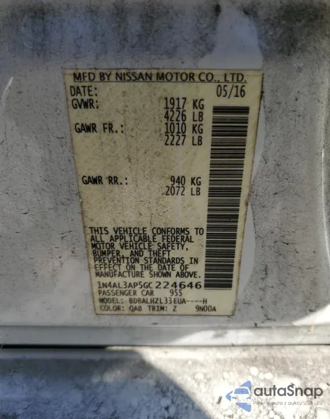 2016 Nissan Altima 2.5 z USA, uszkodzony, nr VIN 1N4AL3AP5GC224646